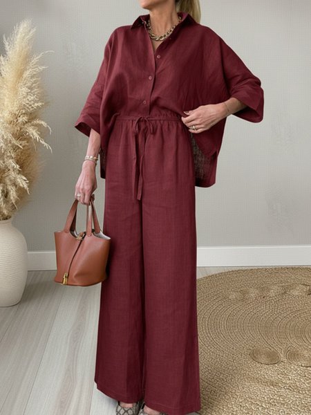 

Casual Plain Shirt Collar Two-Piece Set, Wine red, Suits