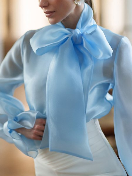 

Elegant Plain Bow Blouse, Blue, Blouses and Shirts