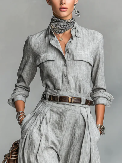 

Cotton Urban Plain Buttoned Shirt Collar Shirt, Gray, Blouses and Shirts