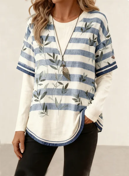 

Casual Striped Crew Neck Long Sleeve T-shirt, Blue, T-shirts