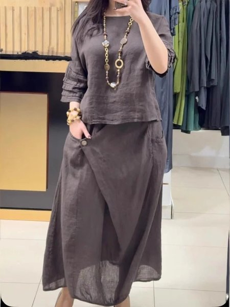 

Women Plain Two-Piece Set Daily Three Quarter Sleeve Casual Spring/Fall Top With Skirt Matching Set, Coffee, Jumpsuits&Rompers