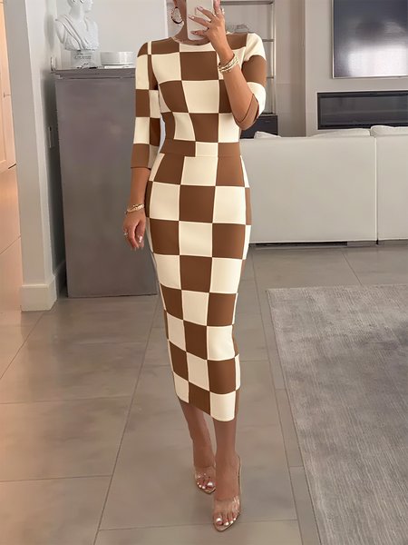 

Casual Plaid Printing Crew Neck Midi Dress, Khaki, Midi Dresses