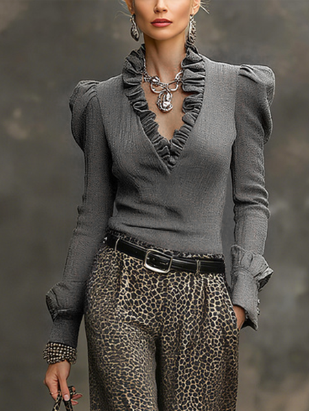 

Urban Plain Peplum Balloon Sleeve Blouse, Gray, Blouses and Shirts