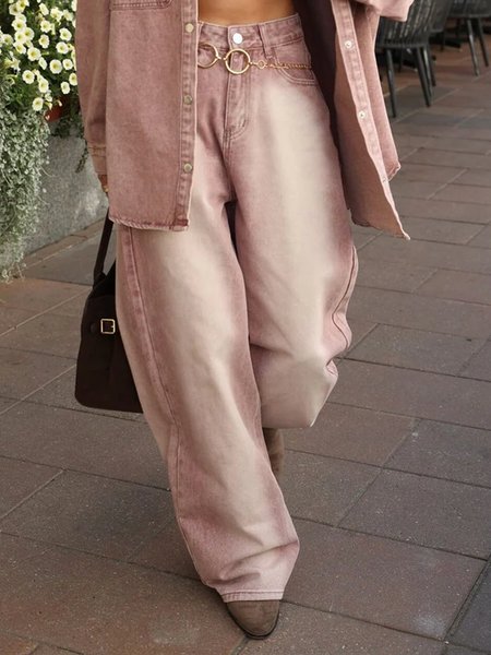 

Distressing Loose Casual Denim Jeans, Pink, Jeans