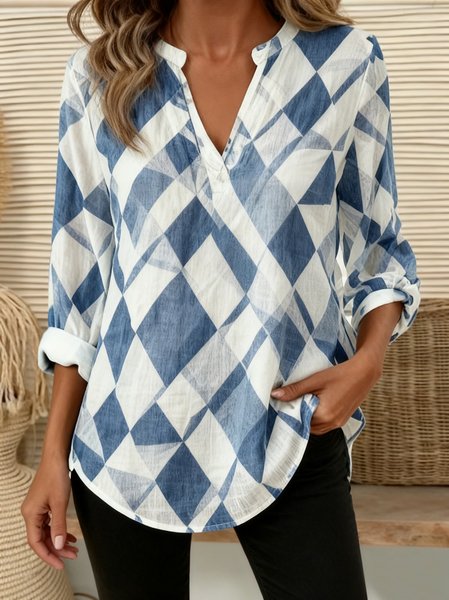 

V Neck Three Quarter Sleeve Geometric Regular Loose Shirt For Women, Blue, Shirts