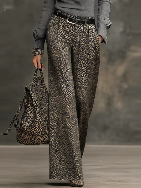 

Urban Leopard Wide Leg Pants No Belt, As picture, Pants