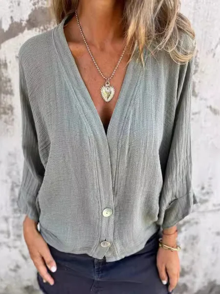 

Casual Plain Buttoned V Neck Shirt, Green, Blouses & Shirts