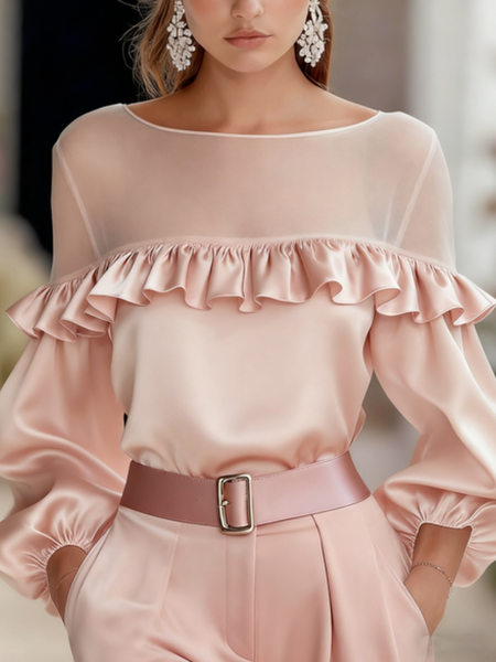 

Satin Elegant Plain Peplum Crew Neck Blouse, Pink, Blouses and Shirts