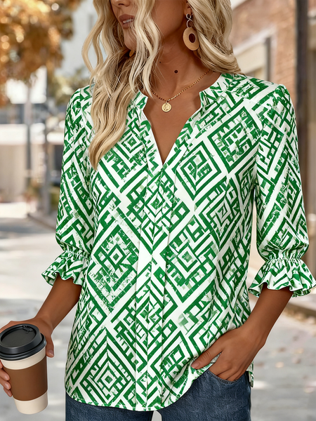 

V Neck Half Sleeve Geometric Regular Regular Fit Shirt For Women, Green, Shirts