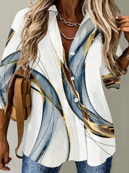 

Shawl Collar Long Sleeve Geometric Regular Micro-Elasticity Loose Shirt For Women, Blue, Shirts