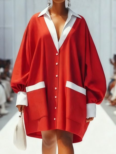 

Urban Color Block Shirt Collar Knee Length Dress, Red, Midi Dresses