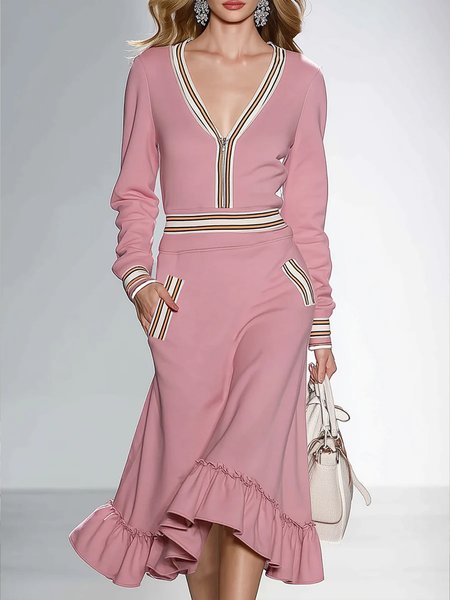 

Elegant Plain Peplum V Neck Midi Dress, Pink, Maxi Dresses