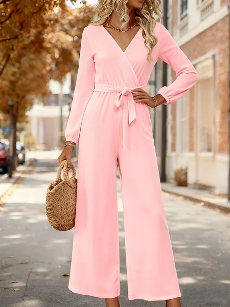

Women Plain V Neck Long Sleeve Elegant Spring/Fall Jumpsuit, Pink, Jumpsuits&Rompers