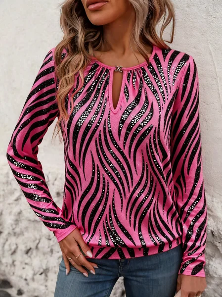 

Crew Neck Long Sleeve Geometric Regular Micro-Elasticity Loose Blouse For Women, Pink, Blouses