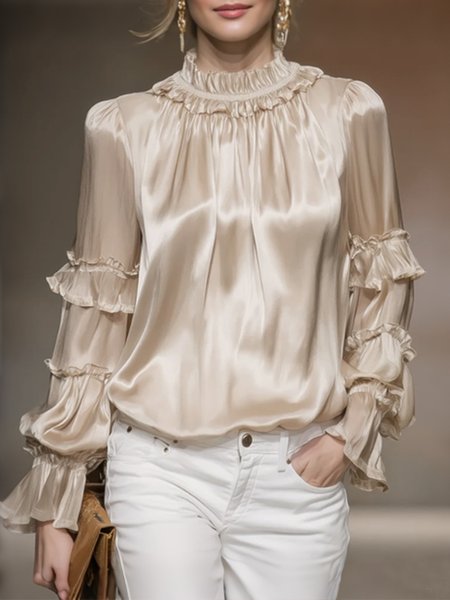 

Satin Elegant Plain Peplum Stand Collar Blouse, Apricot, Blouses and Shirts