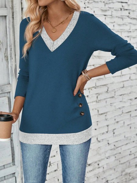 

Elegant Multicolor Block V Neck Long Sleeve T-shirt, Blue, T-shirts