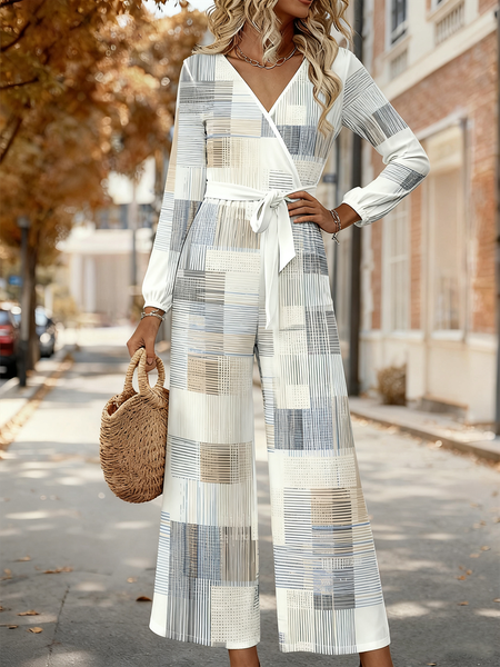 

Women Geometric V Neck Long Sleeve Elegant Spring/Fall Jumpsuit, Grey-blue, Jumpsuits&Rompers
