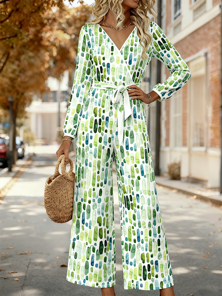 

Women Geometric V Neck Long Sleeve Elegant Spring/Fall Jumpsuit, Green, Jumpsuits&Rompers