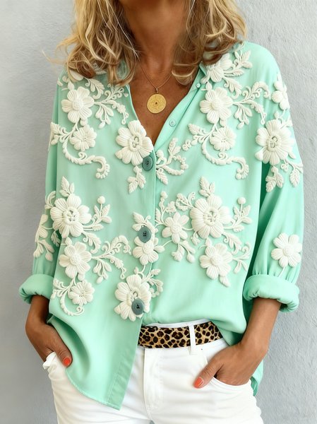 

Shawl Collar Long Sleeve Floral Regular Loose Shirt For Women, Green, Shirts
