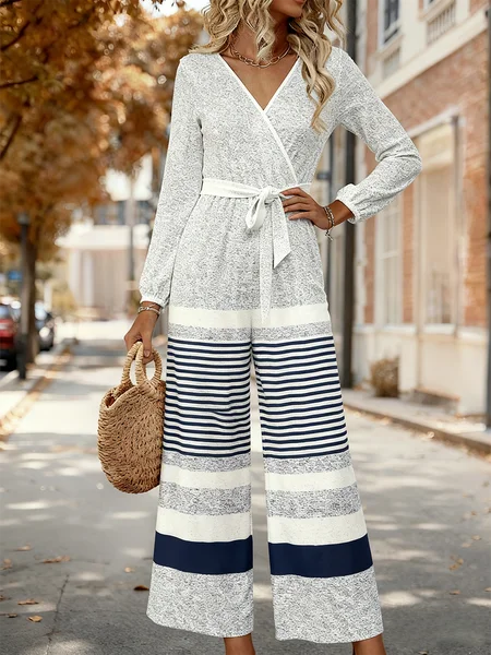 

Women Striped V Neck Long Sleeve Elegant Spring/Fall Jumpsuit, Light gray, Jumpsuits&Rompers