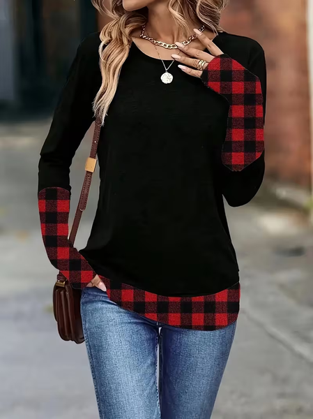 

Women Plaid Long Sleeve Tee T-shirt Crew Neck Casual Spring/Fall Tunic Top, Black, T-Shirts