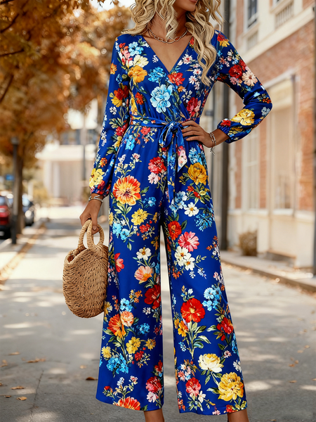 

Women Floral V Neck Long Sleeve Elegant Spring/Fall Jumpsuit, Royal blue, Jumpsuits&Rompers