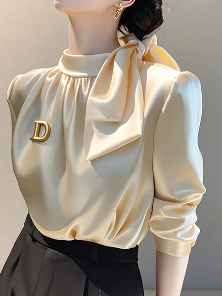 

Satin Elegant Plain Lace-up Tie Neck Blouse, Champagne, Blouses and Shirts