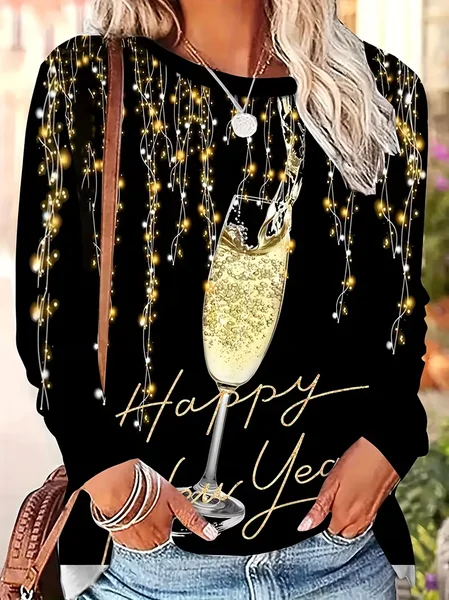 

Casual Text Letters Crew Neck Long Sleeve T-shirt, Black, T-shirts