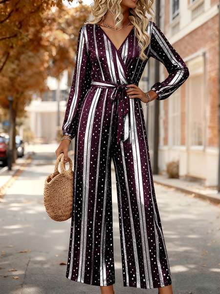 

Women Striped V Neck Long Sleeve Elegant Spring/Fall Jumpsuit, Color2, Jumpsuits&Rompers