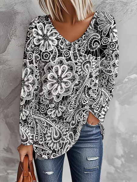 

Women Floral Long Sleeve Tee T-shirt V Neck Printing Casual Spring/Fall Graphic Tee Top, Black, T-Shirts