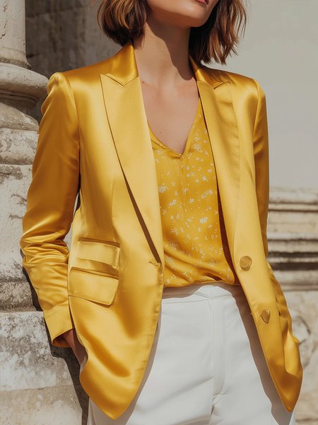 

Urban Buttoned Plain Lapel Collar Blazer, Yellow, Blazers