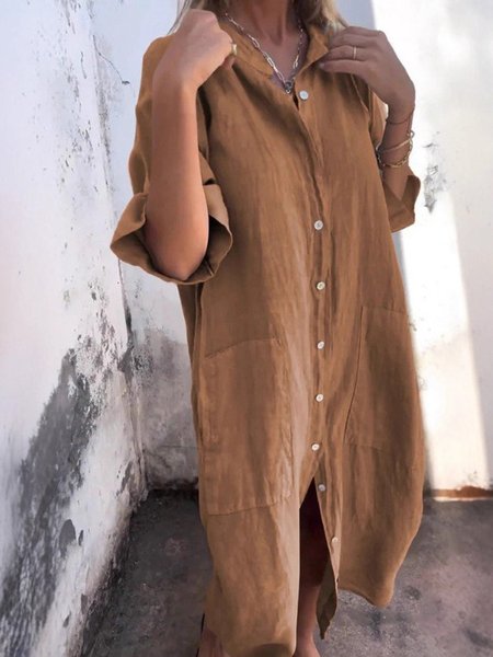 

Women Plain All Season Dress Shirt Collar Half Sleeve Shirt Dress H-Line Dress, Khaki, Dresses