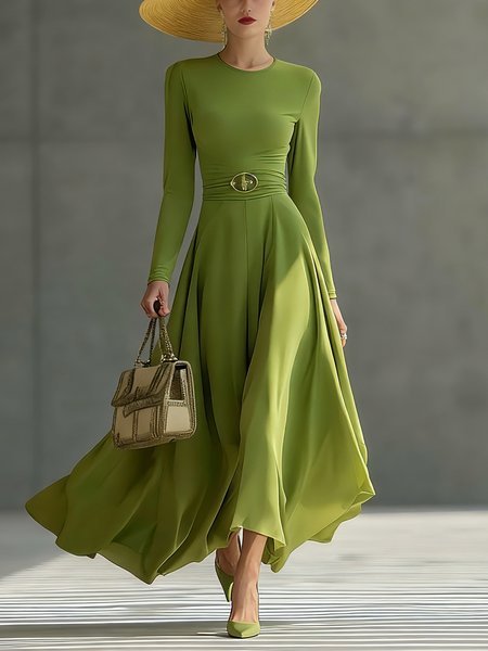 

Elegant Plain Turtleneck Midi Dress, Green, Maxi Dresses
