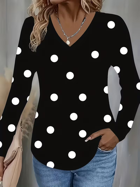 

Women Polka Dots Long Sleeve Tee T-shirt V Neck Printing Casual Spring/Fall Graphic Tee Top, Black, T-Shirts