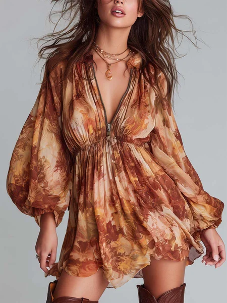 

Vacation Random Print Balloon Sleeve Printing Stand Collar Mini Dress, As picture, Mini Dresses