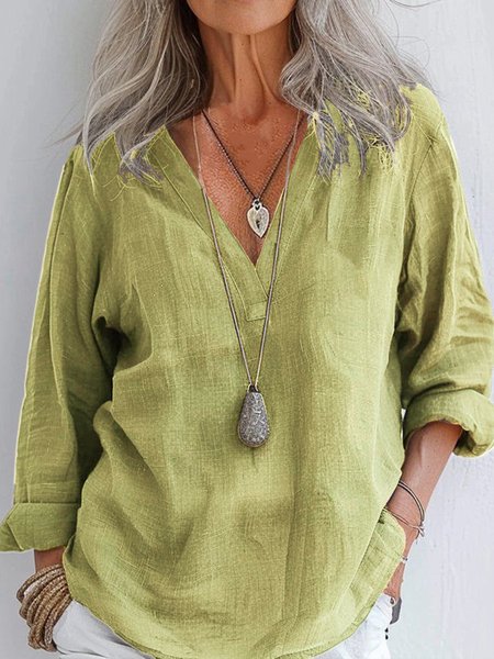 

V Neck Long Sleeve Plain Regular Loose Blouse For Women, Green, Blouses
