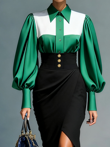 

Satin Elegant Color Block Shirt Collar Shirt, As picture, Blouses and Shirts