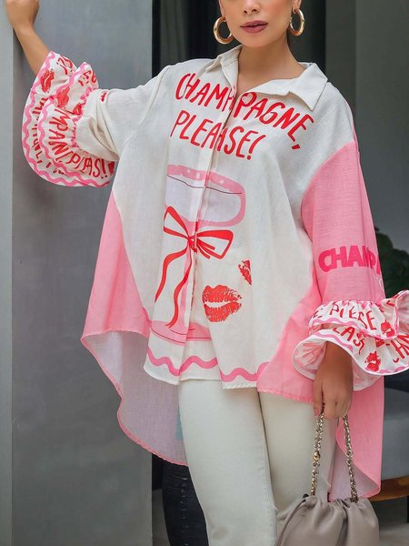 

Casual Letter Pattern Printing Shirt Collar Bell Sleeve Shirt, Pink, Blouses and Shirts