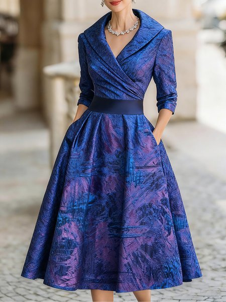 

Elegant Random Print Ruched Shawl Collar Knee Length Dress, Purplish red, Cocktail Dresses