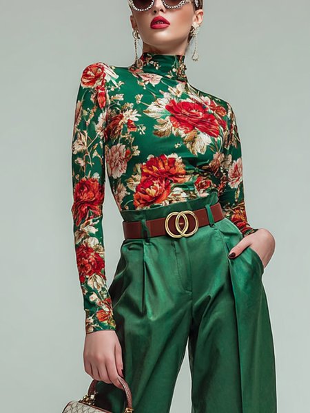 

Urban Floral Mock Neck T-shirt, Green, Tees