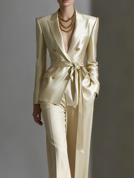 

Urban Plain Blazer With Belt, Light yellow, Blazers