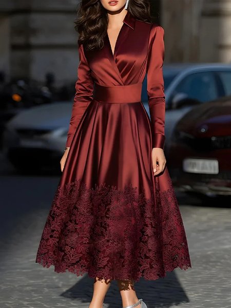 Elegant Plain Satin Lace V Neck Midi Dress