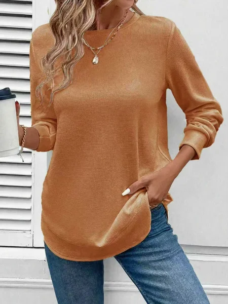 

Casual Plain Crew Neck Long Sleeve T-shirt, Yellow, T-shirts