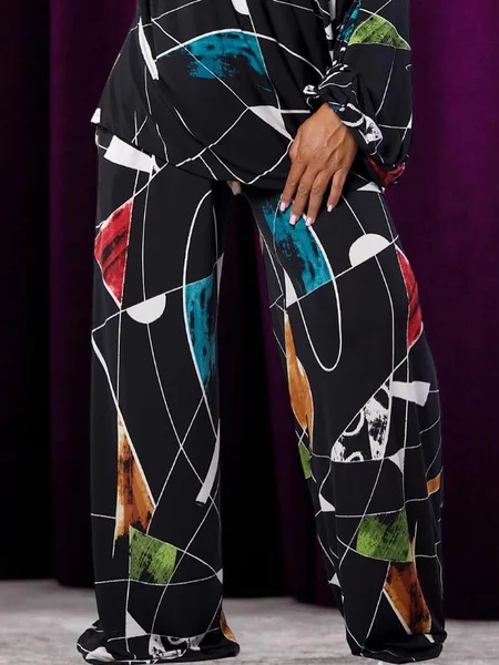 

Urban Geometric Printing Straight Pants, Black, Pants