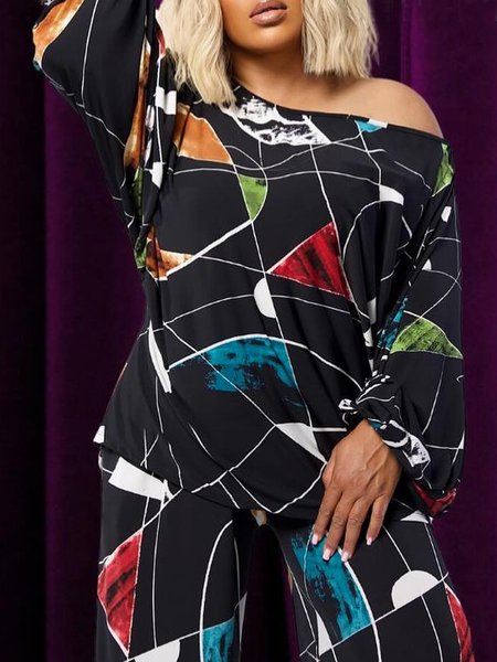 

Urban Geometric Printing Cold Shoulder Blouse, Black, Blouses and Shirts