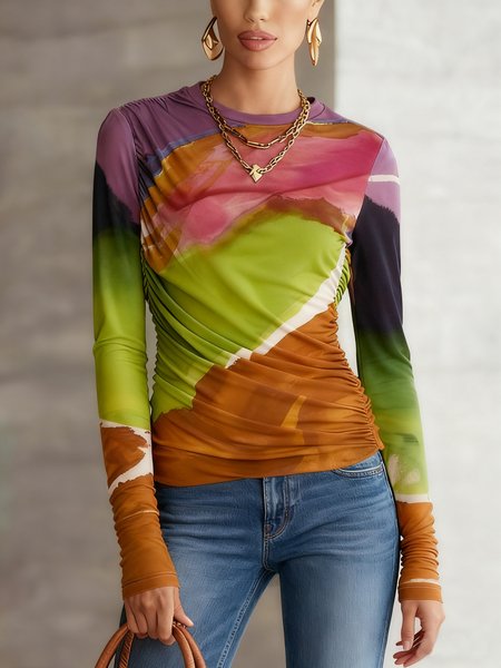 Casual Abstract Printing Ruched Crew Neck T-shirt, As picture, Tees