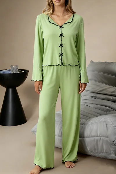 

2pcs Leisure Jersey Casual Pajama Set, Green, Pajamas
