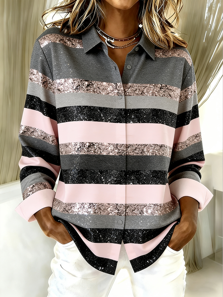 

Shirt Collar Long Sleeve Striped Regular Loose Shirt For Women, Gray, Shirts