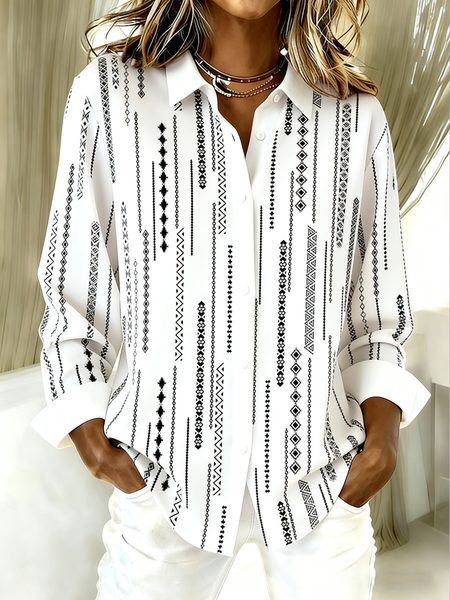 

Shirt Collar Long Sleeve Striped Regular Loose Shirt For Women, White, Shirts