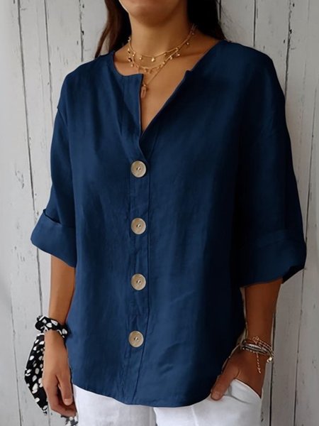 

Casual Plain Buttoned Crew Neck Shirt, Purplish blue, Blouses & Shirts
